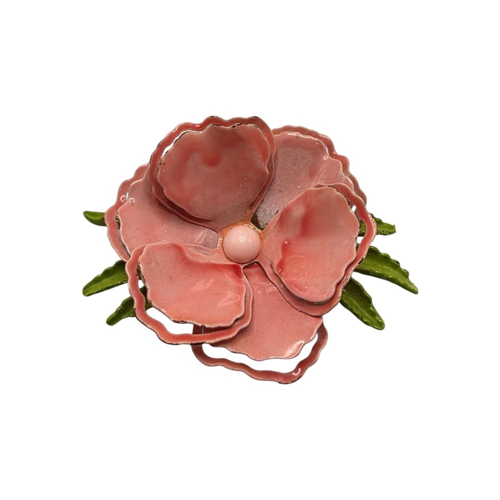 Vintage Enamel Pink Flower Brooch Pin Vibrant Colors 3.5" Long